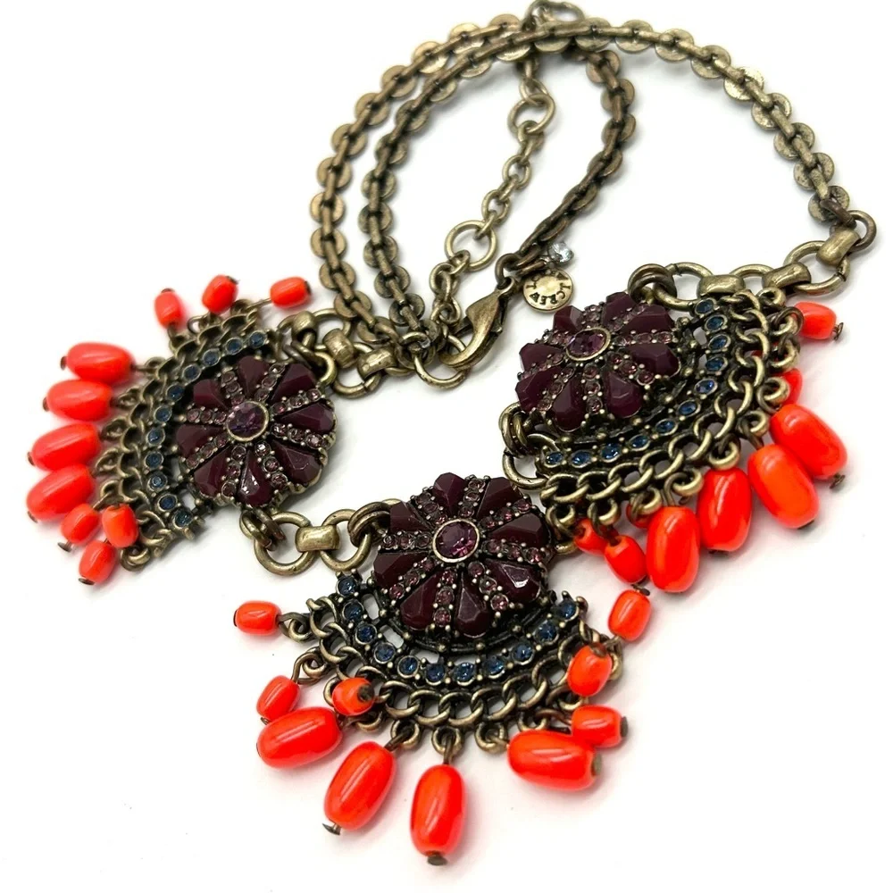 J. Crew Burgundy Blue Bright Coral/Orange Jeweled and Beaded Necklace